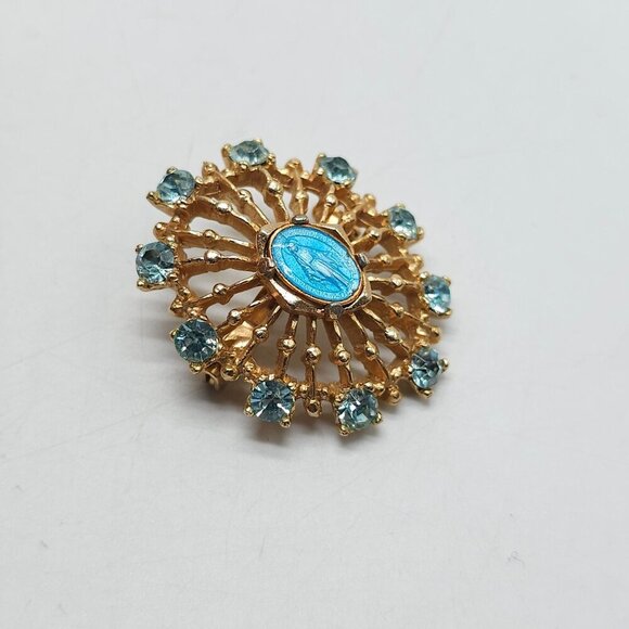 Vintage 1950s Immaculate Mary Brooch With Blue Rhinestones Religious Design - Picture 2 of 4